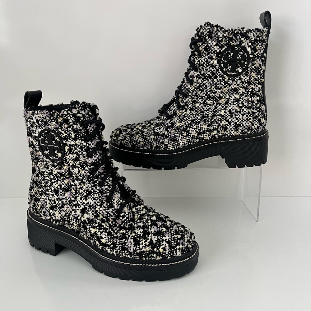 Tory Burch 50mm Tweed Lug Sole Combat Boots in Black/Multi - Picture 3 of 13